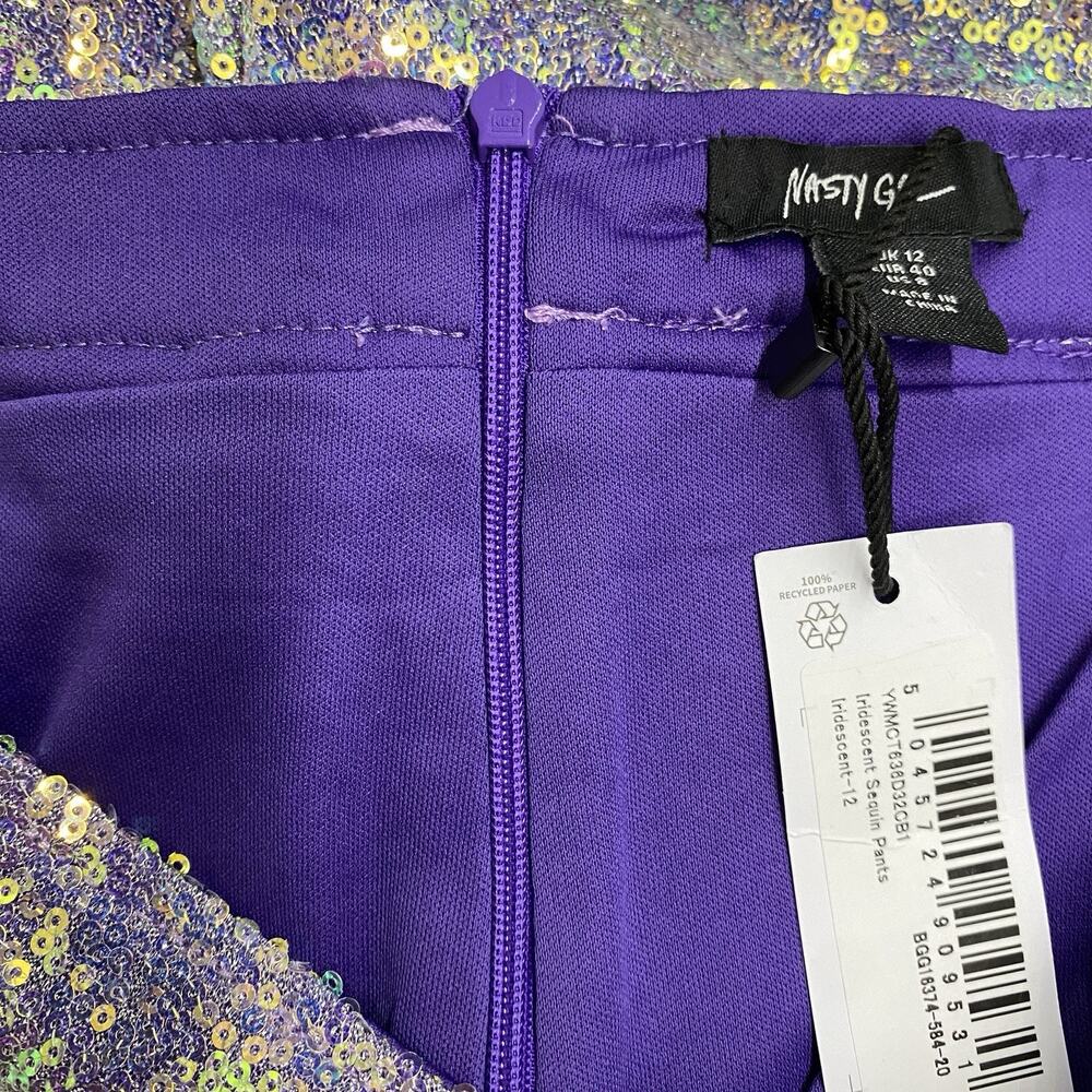 Nasty Gal Iridescent Sequin Flare Pants Womens 8 Silver Disco Festival Bell Btm - Picture 8 of 13